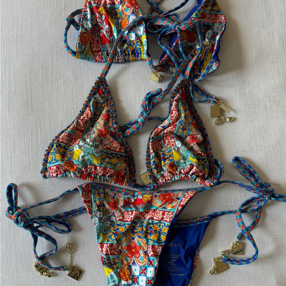 Bydee Multi-Color Floral Tie-Strap Bikini Set top & bottom